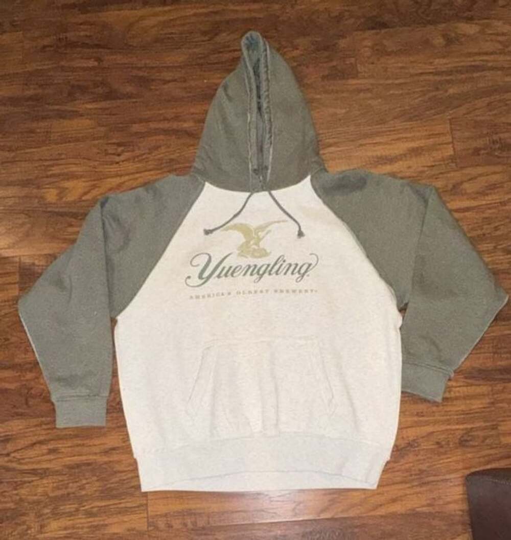 J.America Yuengling Hoodie Size Medium Green Gray Raglan Pullover Sweatshirt